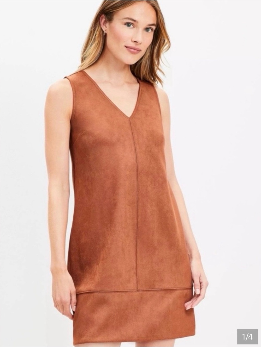 LOFT Tan Suede V-Neck Sleeveless Shift Dress